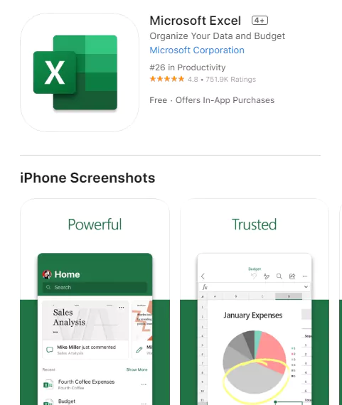 برنامه اکسل برای آیفون